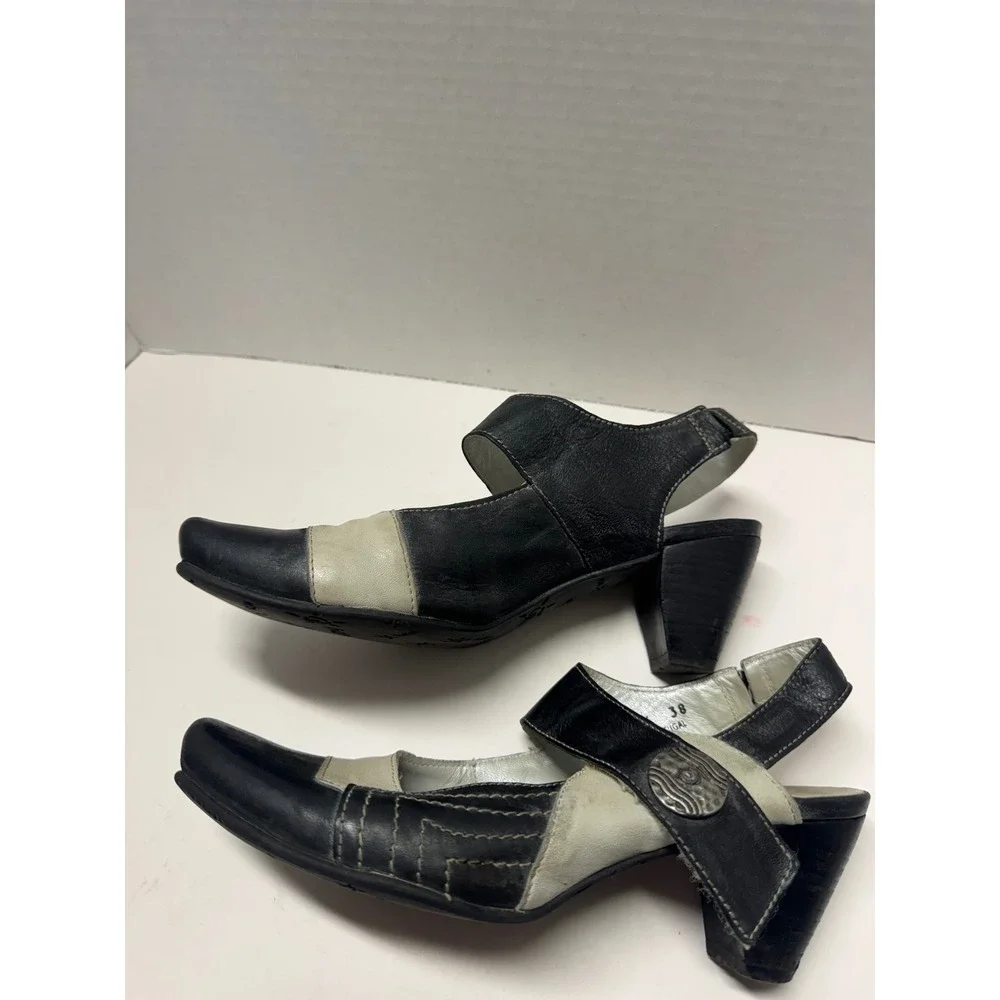 Fidji Black‎ Cream Leather Colorblock Slingback Mary Jane Heels Size 38 7.5